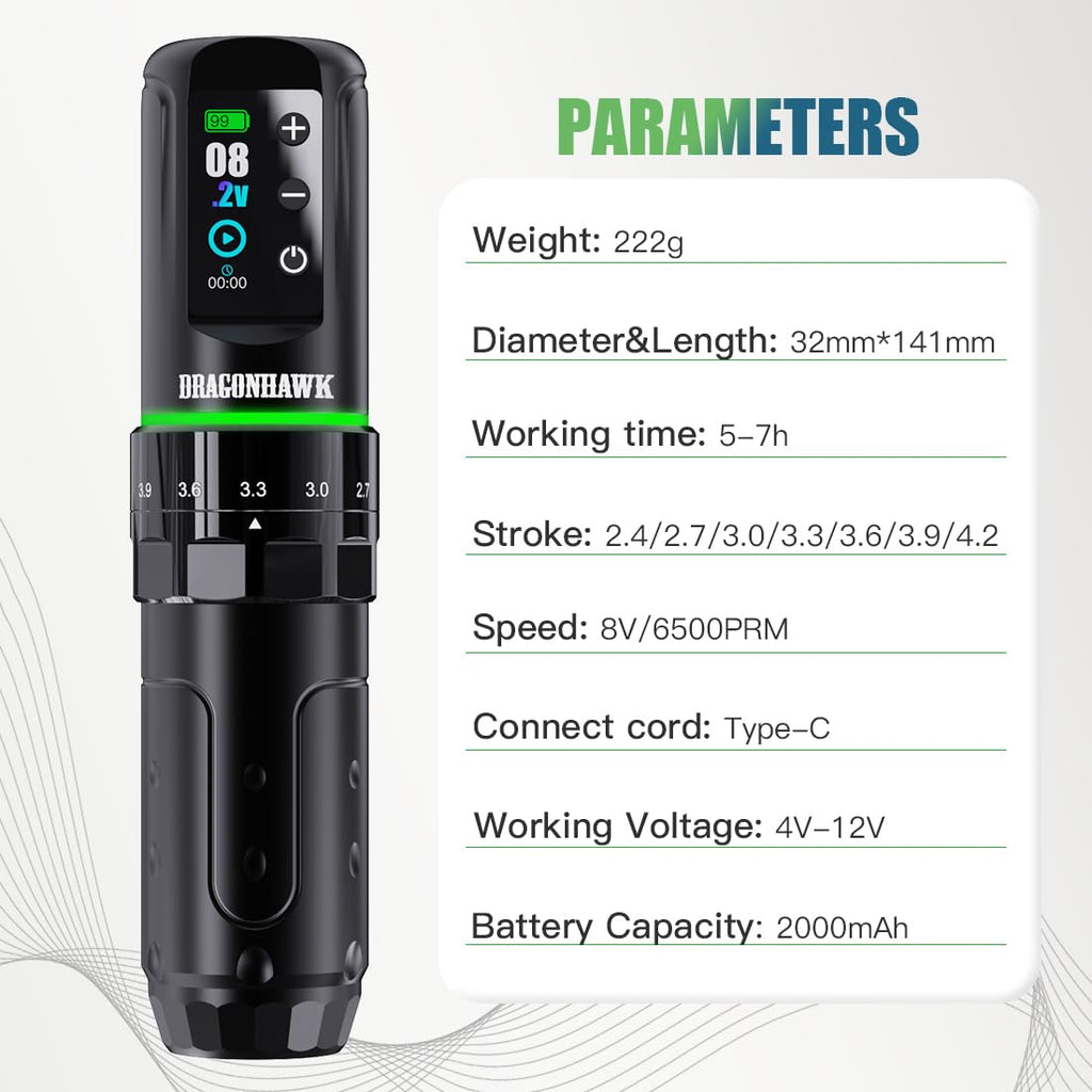 Dragonhawk L3 Tattoo Kit, Cordless/Cord Complete Tattoo Gun Kit Pen Machine, 7 Strokes Length, 2 Batteries 2,000mAh Power Supply with Extra Battery Rca Jack Part, Pro Tattoo Needles for Beginner