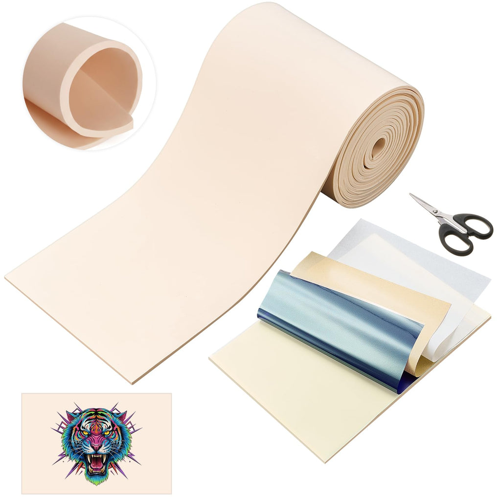 Heigble 148 x 6.3 Inch Rolled Blank 3mm Tattoo Practice Skin, One Roll Equivalent to 20+ Pieces Fake Skin Double Sides, Include 1 Scissors, 50 Pcs Transfer Papers, for Beginner Professional Practice