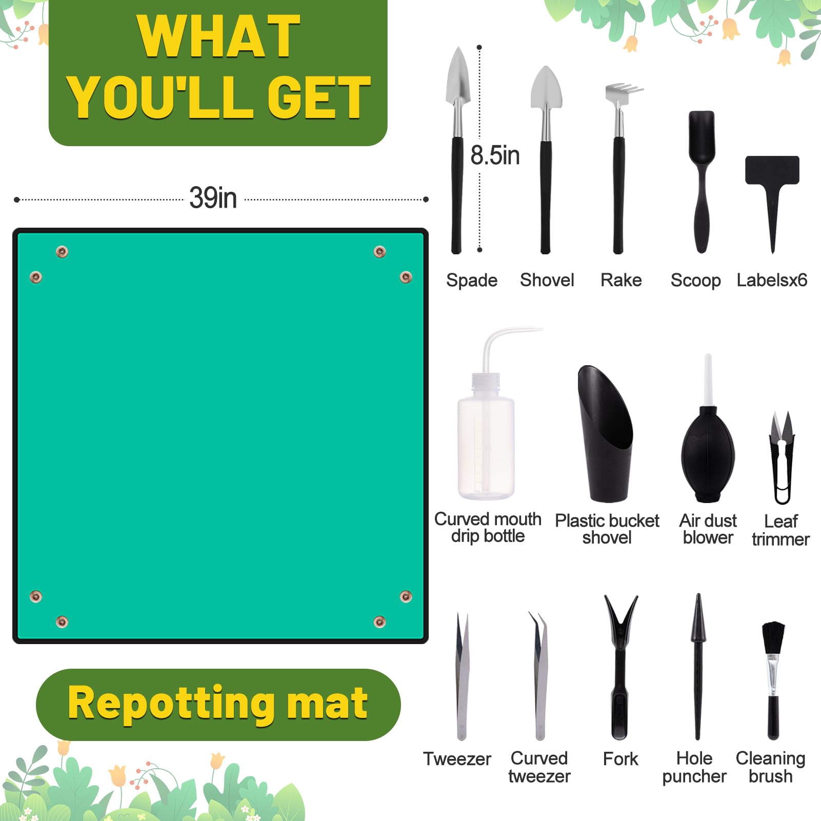 20pcs Small Gardening Tools Gifts for Women Beginners - Garden Hand Tools Set for Indoor Succulent Bonsai Plants Transplanting, Included 39.4" Plant Repotting Mat/Miniature Shovel/Labels, Green