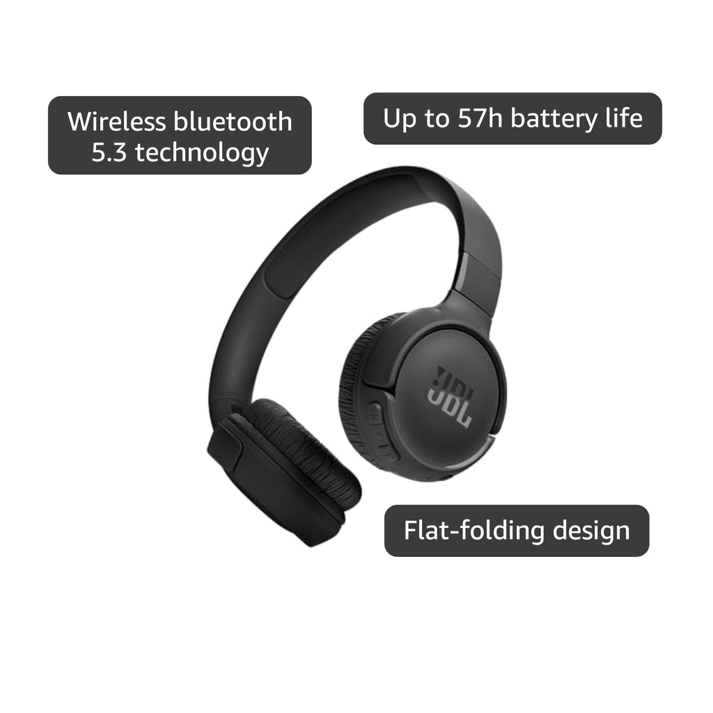 JBL Tune 520BT - Wireless On-Ear Headphones, Up to 57H Battery Life and Speed Charge, Lightweight, Comfortable and Foldable Design, Hands-Free Calls with Voice Aware (Black)