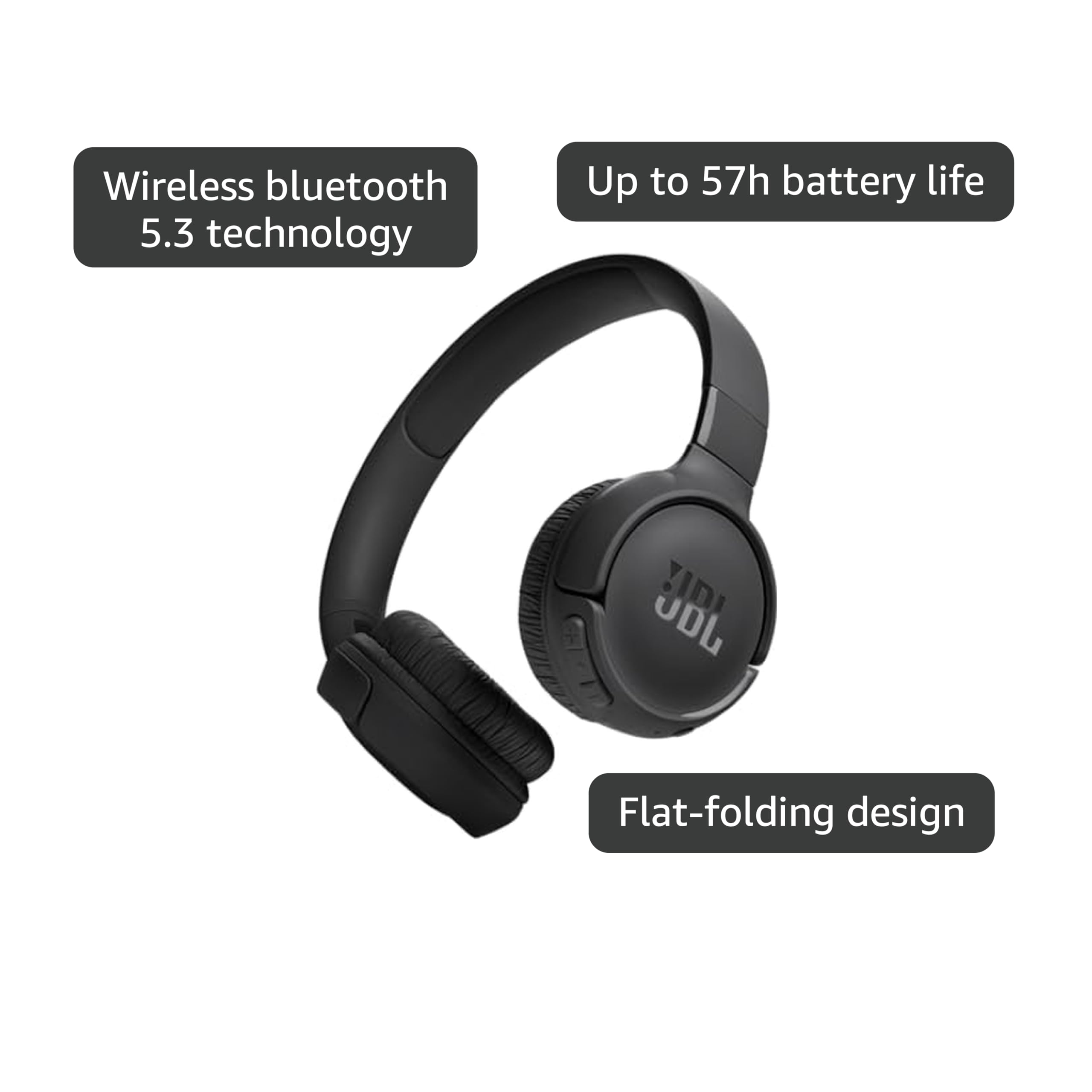 JBL Tune 520BT - Wireless On-Ear Headphones, Up to 57H Battery Life and Speed Charge, Lightweight, Comfortable and Foldable Design, Hands-Free Calls with Voice Aware (Black)