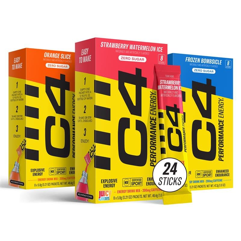 Juicy Mixes C4 Performance Energy, Variety Pack, 200mg Caffeine, Zero Sugar, NSF (3 Boxes, 24 Sticks)