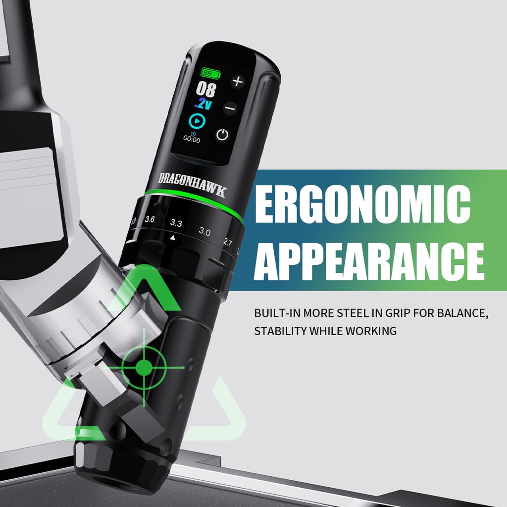 Dragonhawk L3 Tattoo Kit, Cordless/Cord Complete Tattoo Gun Kit Pen Machine, 7 Strokes Length, 2 Batteries 2,000mAh Power Supply with Extra Battery Rca Jack Part, Pro Tattoo Needles for Beginner