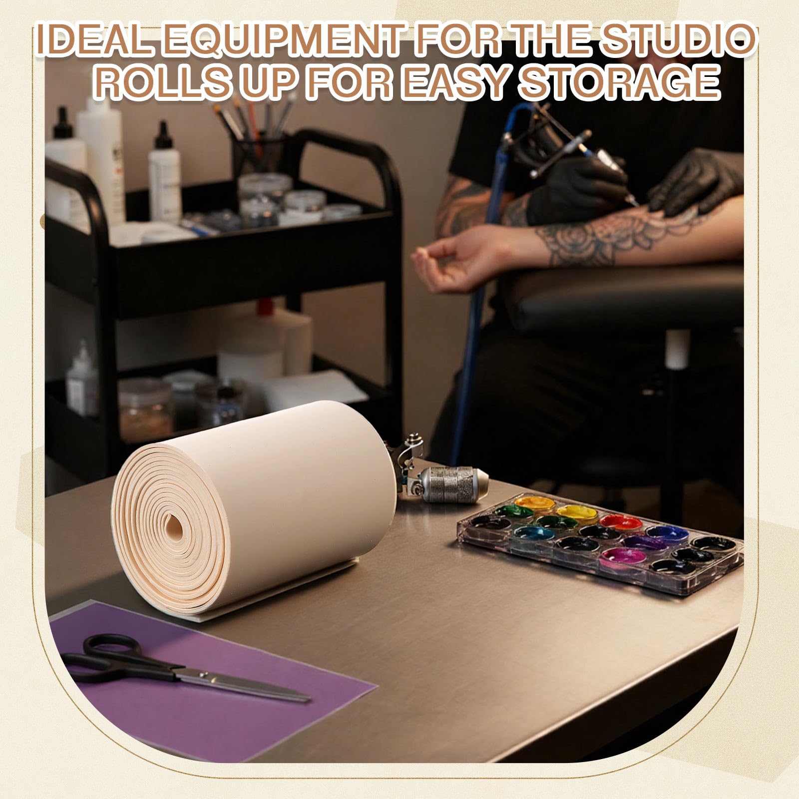 Heigble 148 x 6.3 Inch Rolled Blank 3mm Tattoo Practice Skin, One Roll Equivalent to 20+ Pieces Fake Skin Double Sides, Include 1 Scissors, 50 Pcs Transfer Papers, for Beginner Professional Practice