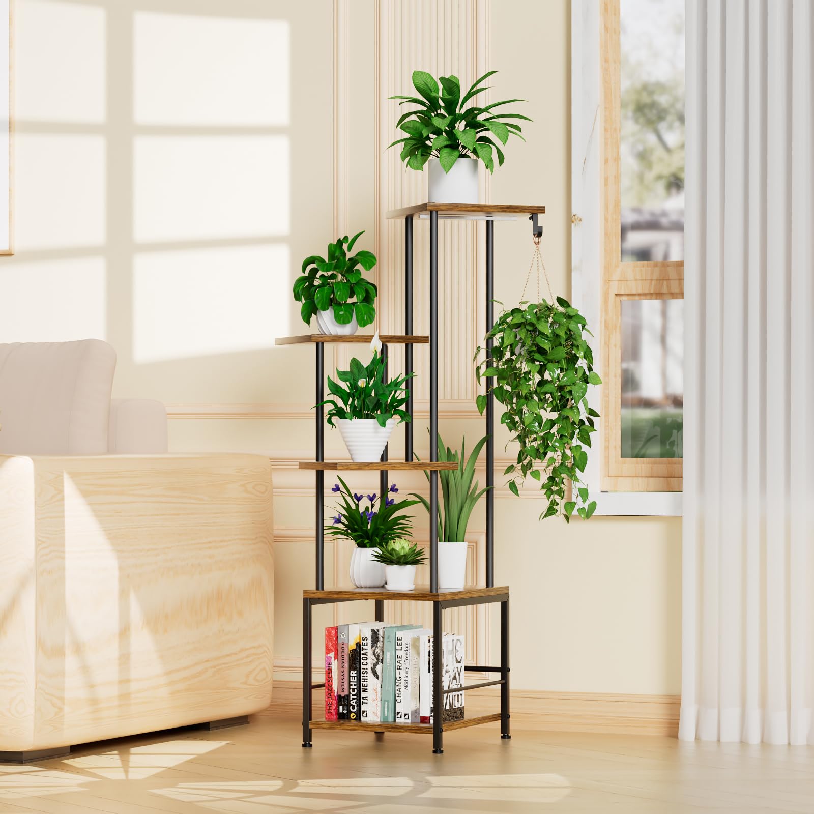 Homsorout Plant Stand Indoor with Grow Light, 5-Tiered Tall Plant Stand Indoor, Metal Plant Shelf with Hanging Basket Hook and Adjustable Light, Ideal for Living Room, Garden, Patio (Black Brown)
