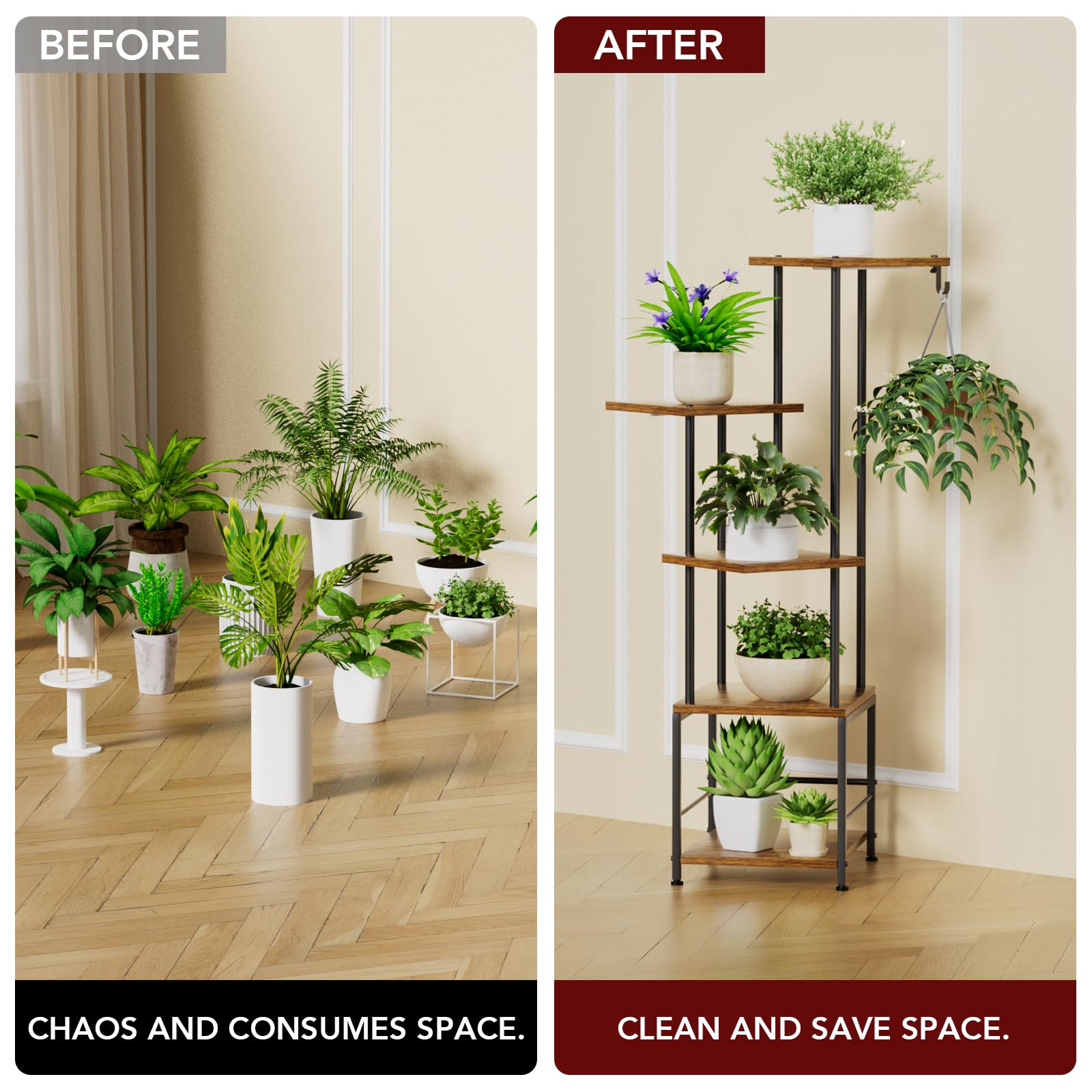 Homsorout Plant Stand Indoor with Grow Light, 5-Tiered Tall Plant Stand Indoor, Metal Plant Shelf with Hanging Basket Hook and Adjustable Light, Ideal for Living Room, Garden, Patio (Black Brown)