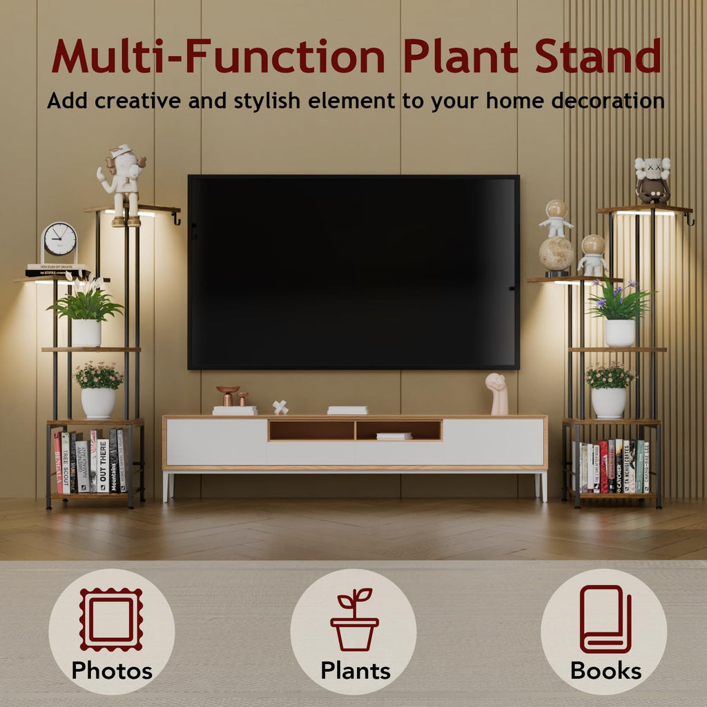 Homsorout Plant Stand Indoor with Grow Light, 5-Tiered Tall Plant Stand Indoor, Metal Plant Shelf with Hanging Basket Hook and Adjustable Light, Ideal for Living Room, Garden, Patio (Black Brown)