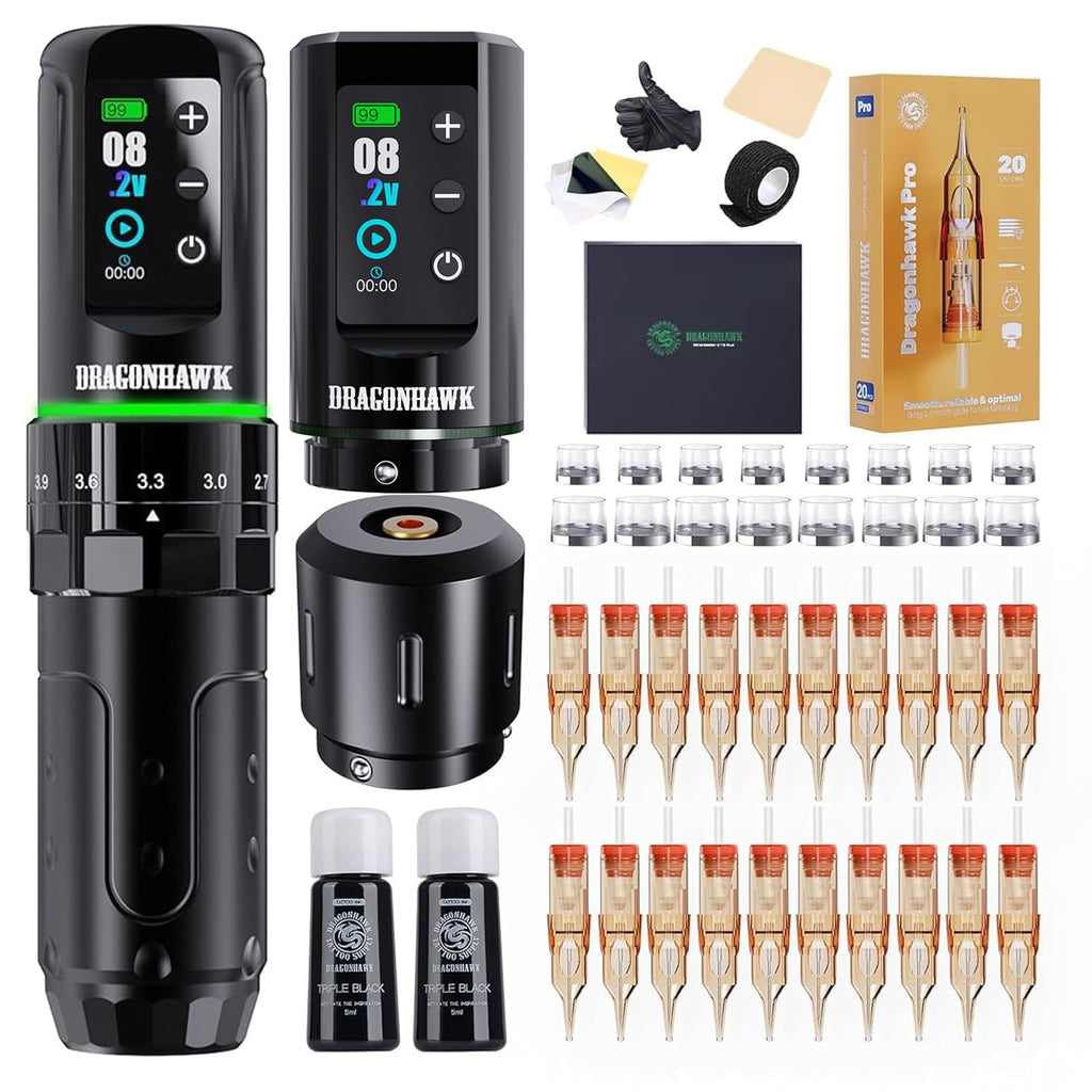 Dragonhawk L3 Tattoo Kit, Cordless/Cord Complete Tattoo Gun Kit Pen Machine, 7 Strokes Length, 2 Batteries 2,000mAh Power Supply with Extra Battery Rca Jack Part, Pro Tattoo Needles for Beginner