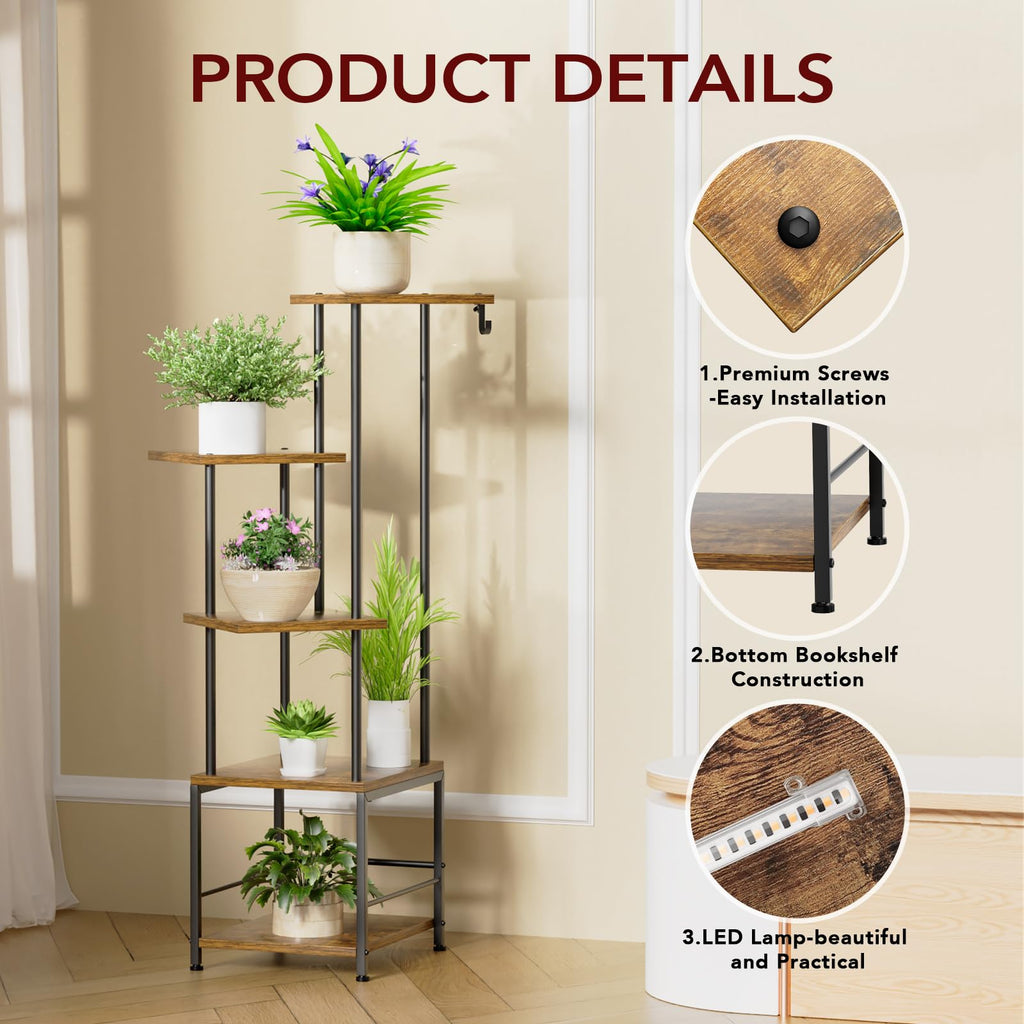 Homsorout Plant Stand Indoor with Grow Light, 5-Tiered Tall Plant Stand Indoor, Metal Plant Shelf with Hanging Basket Hook and Adjustable Light, Ideal for Living Room, Garden, Patio (Black Brown)