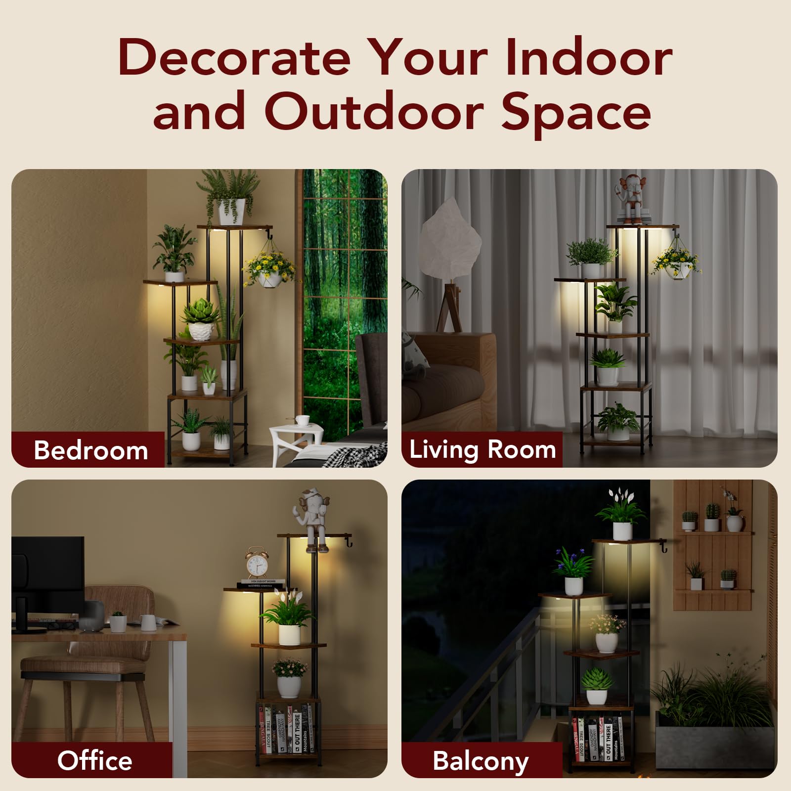 Homsorout Plant Stand Indoor with Grow Light, 5-Tiered Tall Plant Stand Indoor, Metal Plant Shelf with Hanging Basket Hook and Adjustable Light, Ideal for Living Room, Garden, Patio (Black Brown)