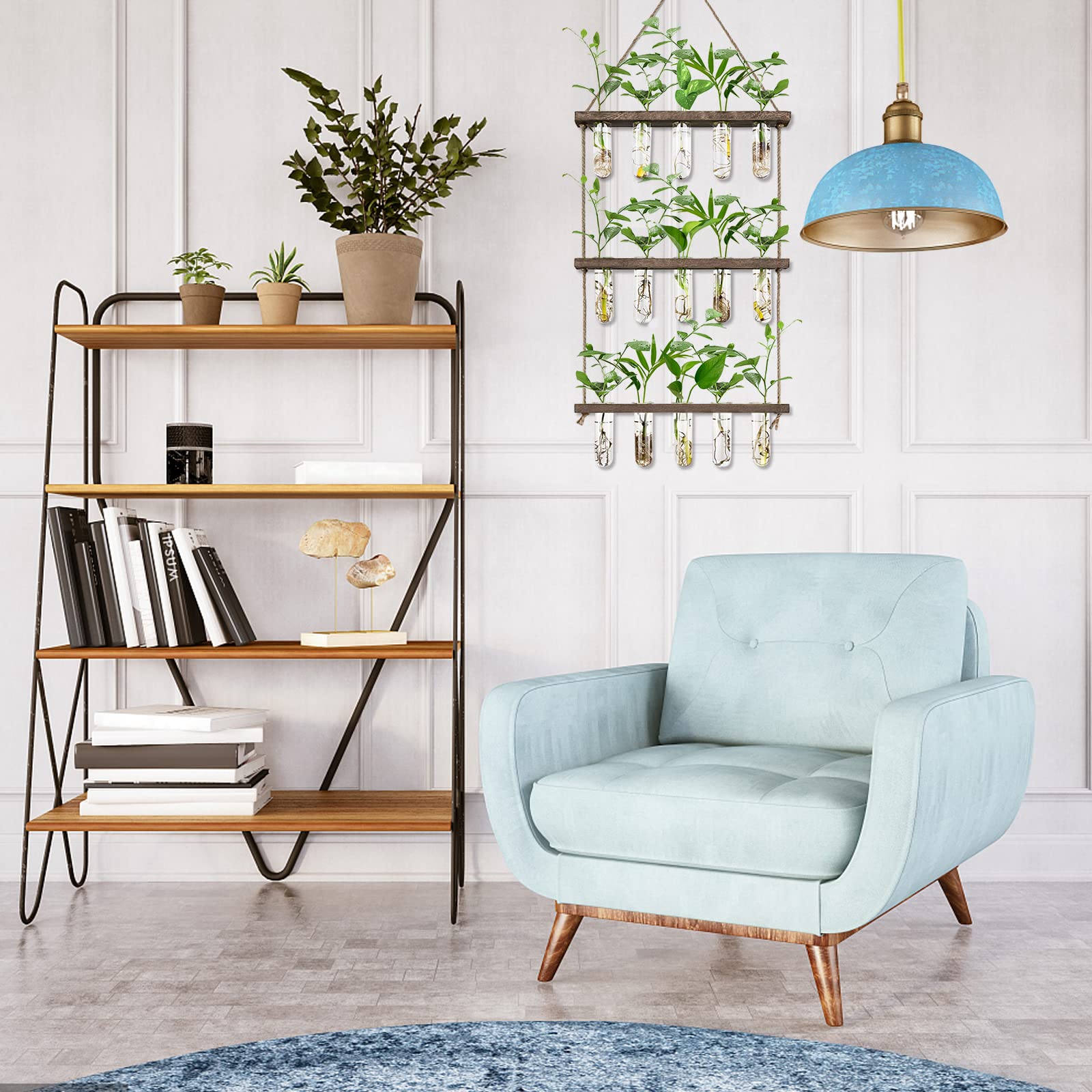 XXXFLOWER Wall Hanging Propagation Station with Wooden Stand 5 Glass Test Tubes 3 Tiered Planters Wall Terrarium for Home Office Plant Hanger Flower Vases Wall Decor Hydroponic Cuttings