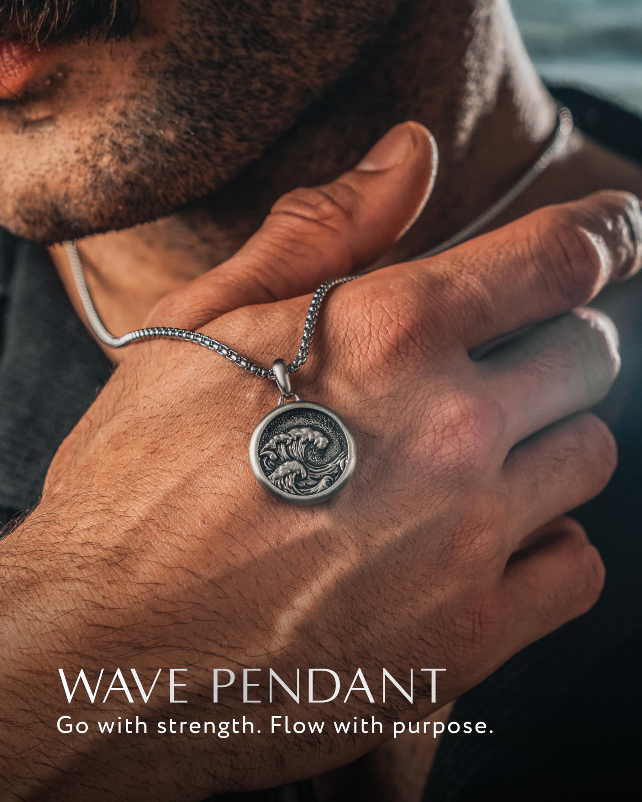 RTZN® Ocean Wave Necklace Pendant for Men – Premium Ocean Necklace with 22" Box Chain + 2" Extension – 316L Stainless Steel Waterproof & Non-Tarnish Surfer Necklaces for Men & Women