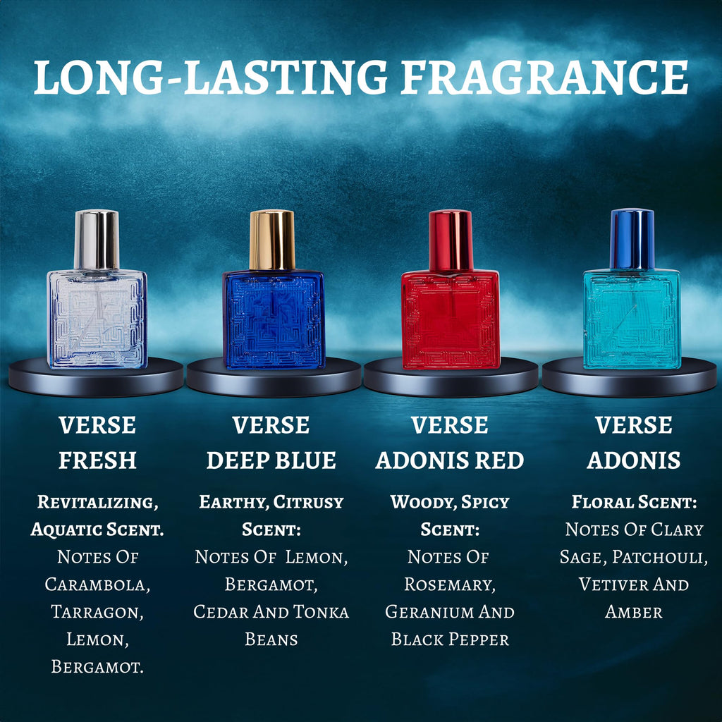 NovoGlow Verse Mini 4-Piece Fragrance Gift Set for Men - Aromatic, Floral, Oriental & Woody Notes - Individually Boxed - Travel Size - 25ml Eau De Parfum