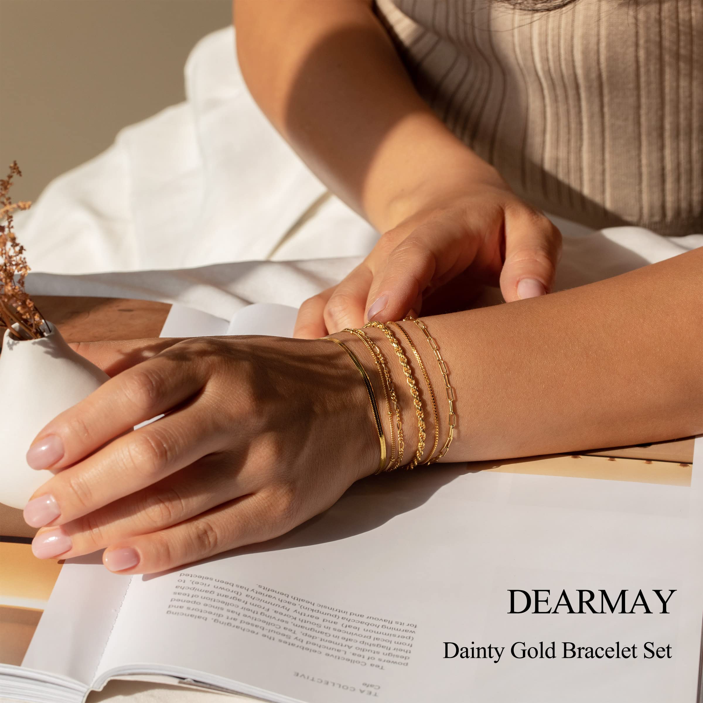 DEARMAY 14K Gold Plated Bracelets for Women Jewelry Sets Stack Trendy Dainty Stackable Paperclip Rope Snake Box Figaro Chain Bracelets Pack Costume Fashion Gifts