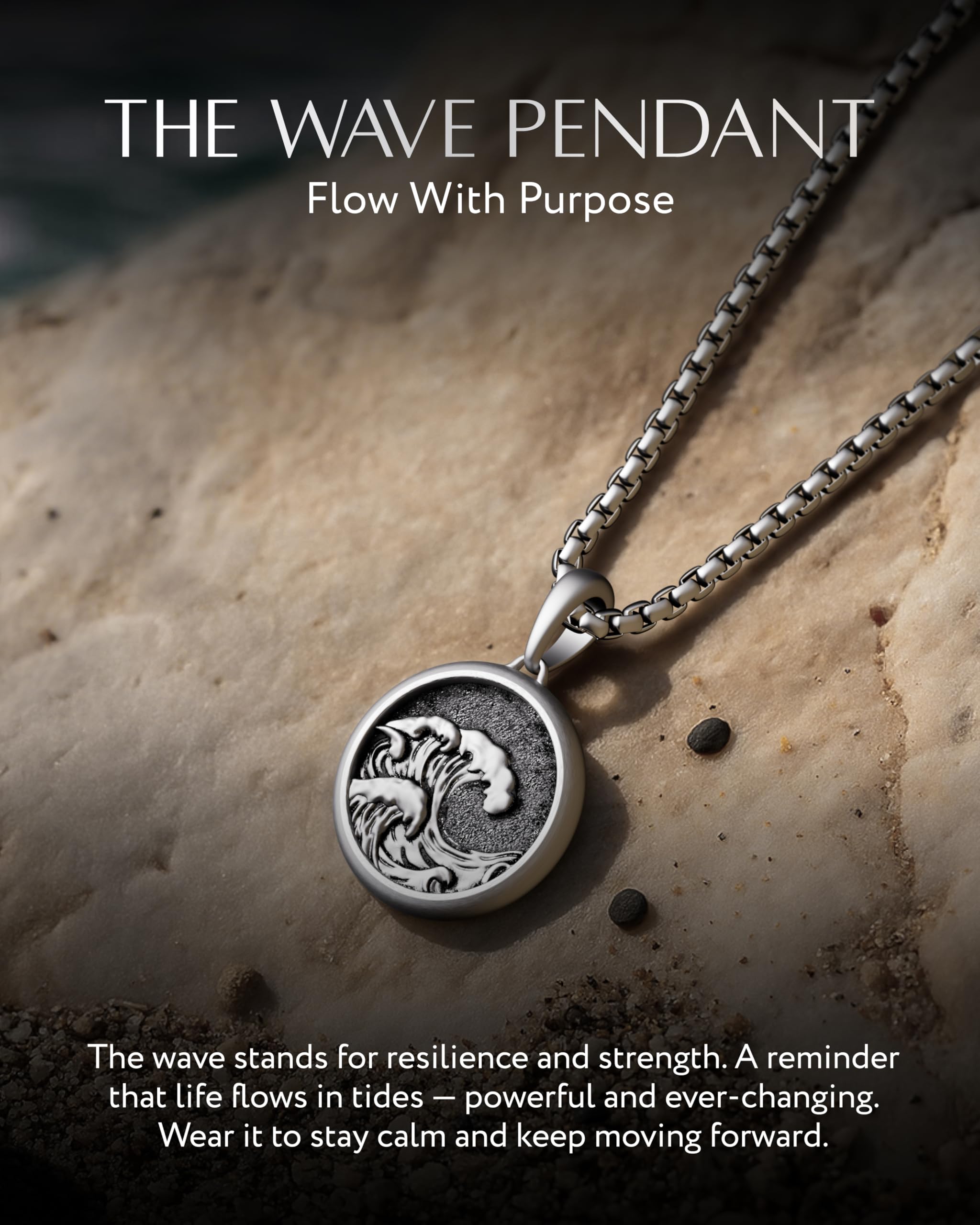 RTZN® Ocean Wave Necklace Pendant for Men – Premium Ocean Necklace with 22" Box Chain + 2" Extension – 316L Stainless Steel Waterproof & Non-Tarnish Surfer Necklaces for Men & Women