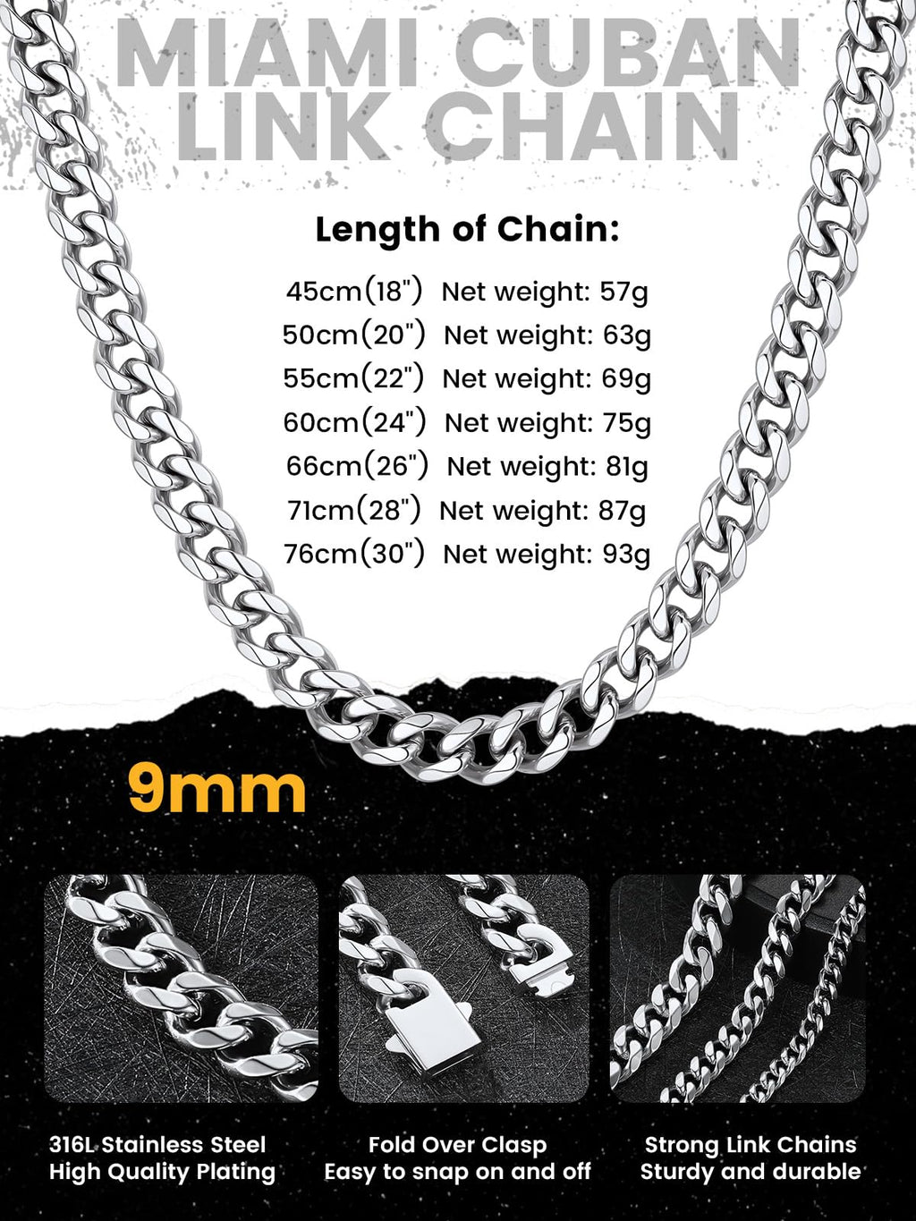 KeyStyle Cuban Link Chain for Men Women, Stainless Steel maimi Cuban Chain Necklace, Trendy Hip Hop Curb Chain Jewelry Gifts,Hypoallergenic & Non Tarnish Mens Chain,9mm Width,24" Length