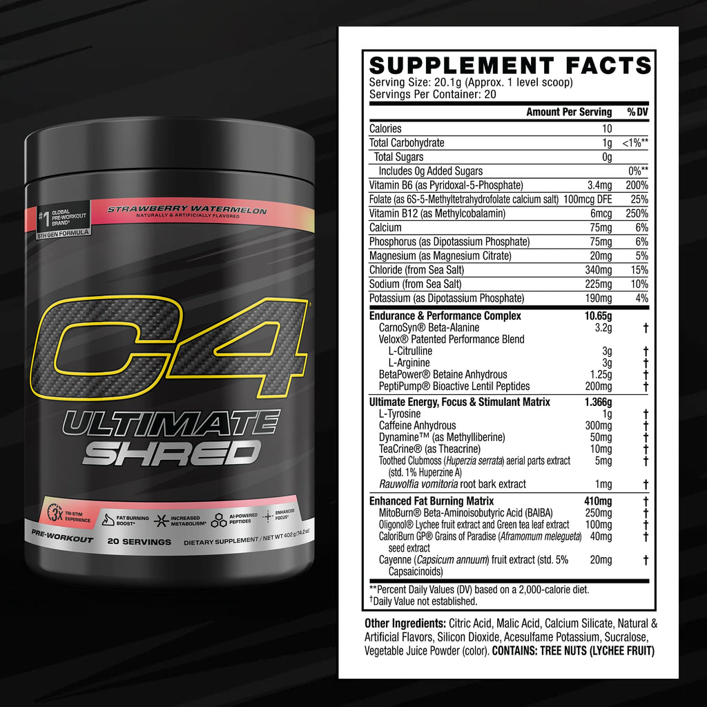 Cellucor C4 Ultimate Shred Pre Workout Powder, Fat Burner for Men & Women, Weight Loss Supplement with Ginger Root Extract, Strawberry Watermelon, 20 Servings, 12.3 Ounce (Pack of 1)
