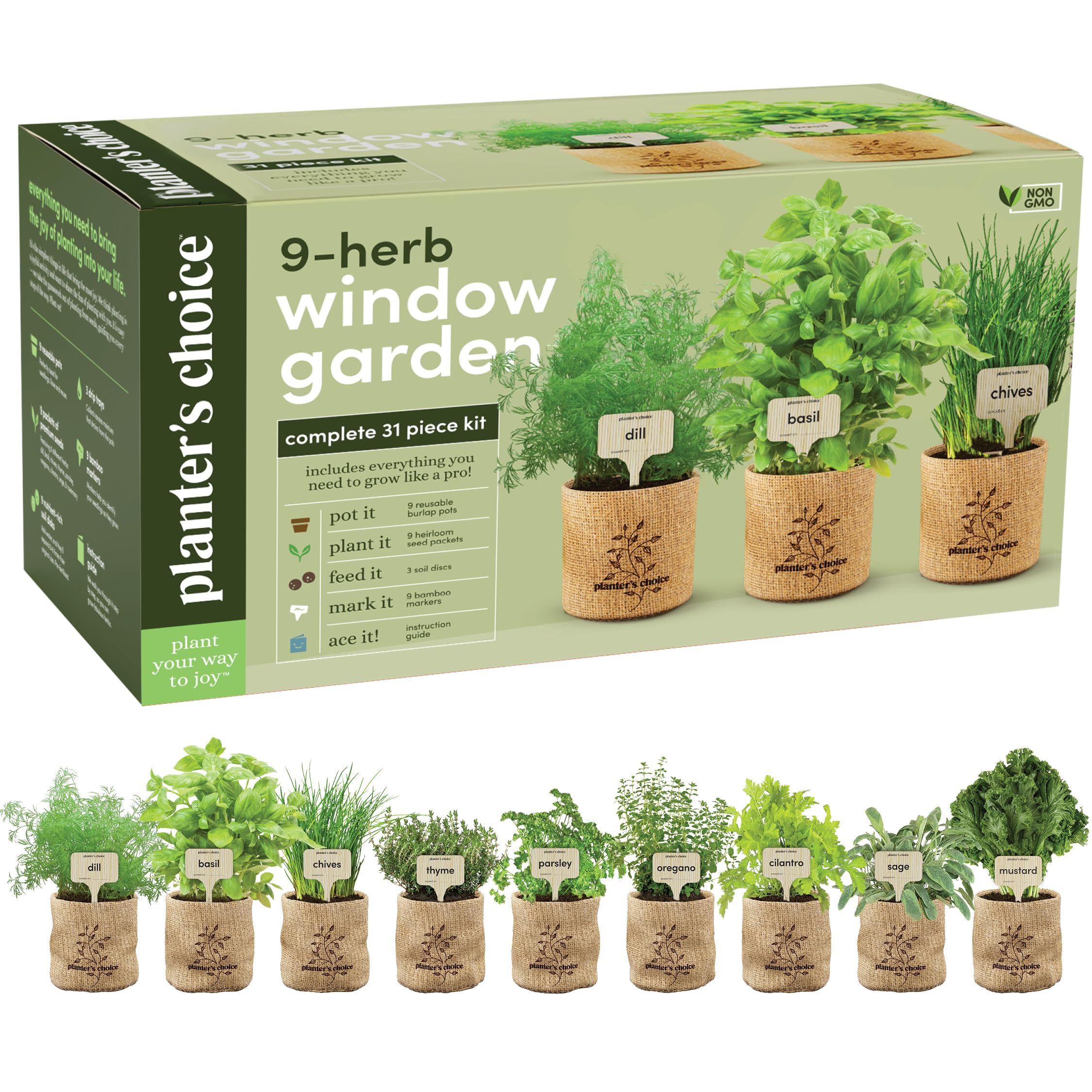 Planters' Choice 9 Herb Indoor Window Garden Kit - House Plants Seeds - Best Unique Easter Gift Ideas for Women, Mom, Friend, Her, Birthday, Housewarming, Mother - New Home Kitchen Gifts